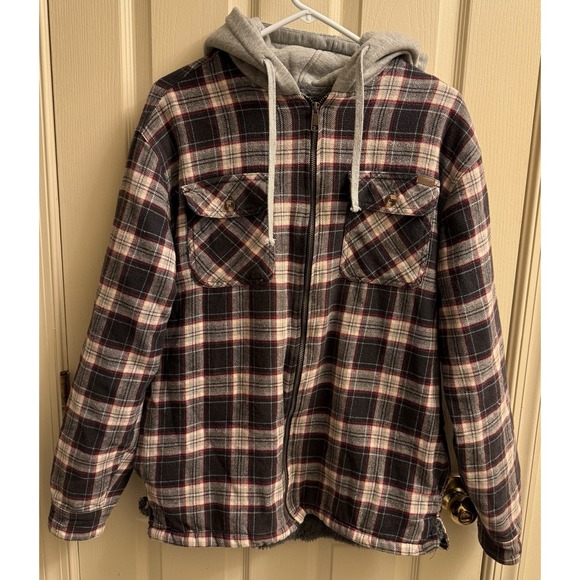 Stanley Flannel‎ Jacket Mens Large Gray Black White Sherpa Plaid Hooded Shacket - Picture 1 of 6